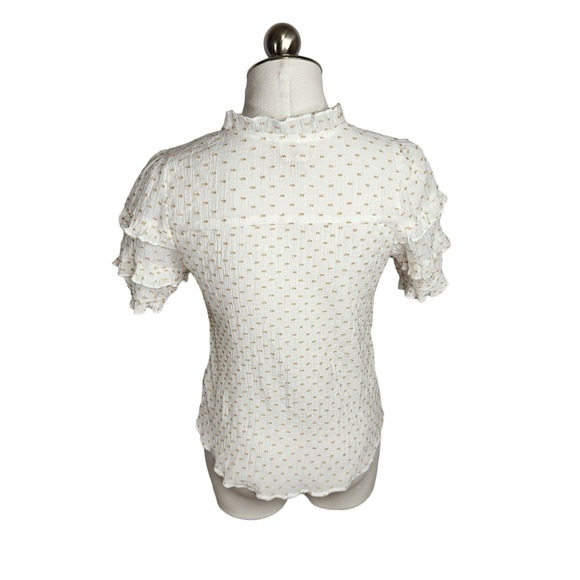 Flower & Feather Swiss Dot Ruffle Top Womens Medium White Tan‎ - Picture 6 of 11